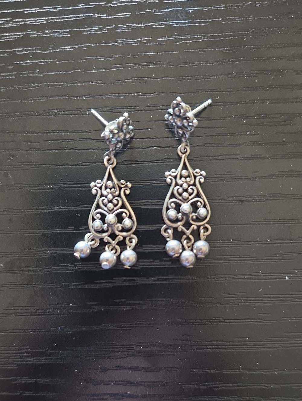 Delicate Silver Filigree Drop Earrings with Bead Accents